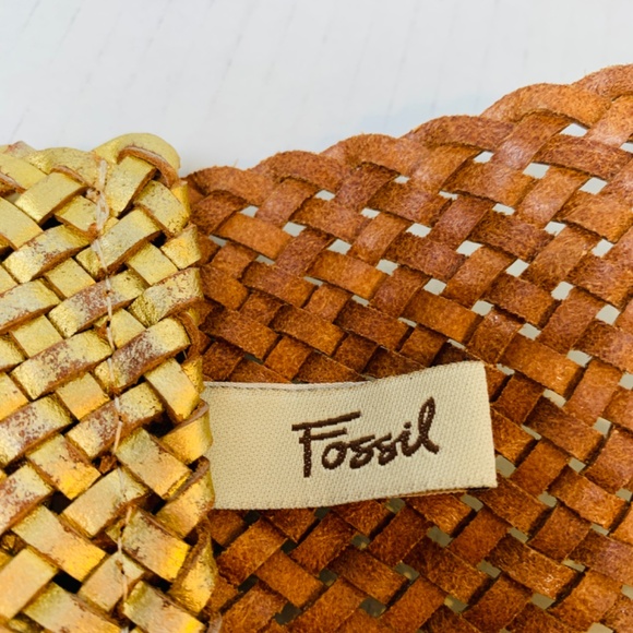 Fossil Leather Belt Metallic Gold Woven Braided Wide Womens Size M Twist Preppy - Picture 7 of 12